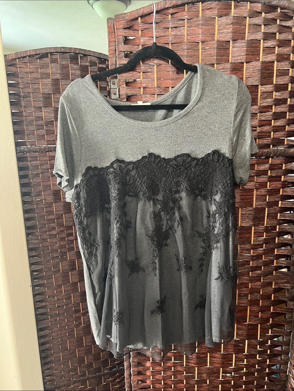 Maurices Gray Short Sleeve Top with Black Lace Overlay